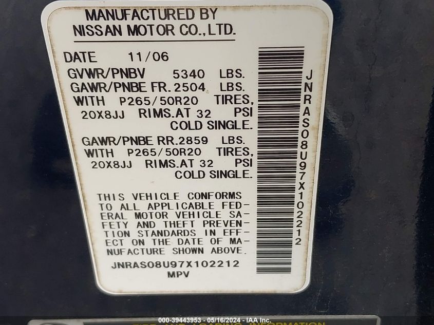 2007 Infiniti Fx35 VIN: JNRAS08U97X102212 Lot: 39443953