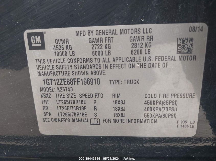 2015 GMC Sierra 2500Hd Slt VIN: 1GT12ZE88FF196910 Lot: 39443955