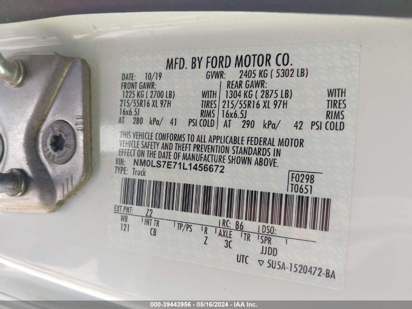 2020 Ford Transit Connect Xl VIN: NM0LS7E71L1456672 Lot: 39443956