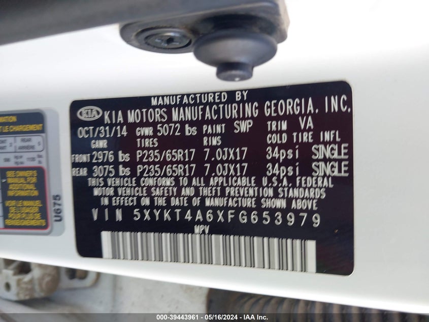 2015 Kia Sorento Lx VIN: 5XYKT4A6XFG653979 Lot: 39443961