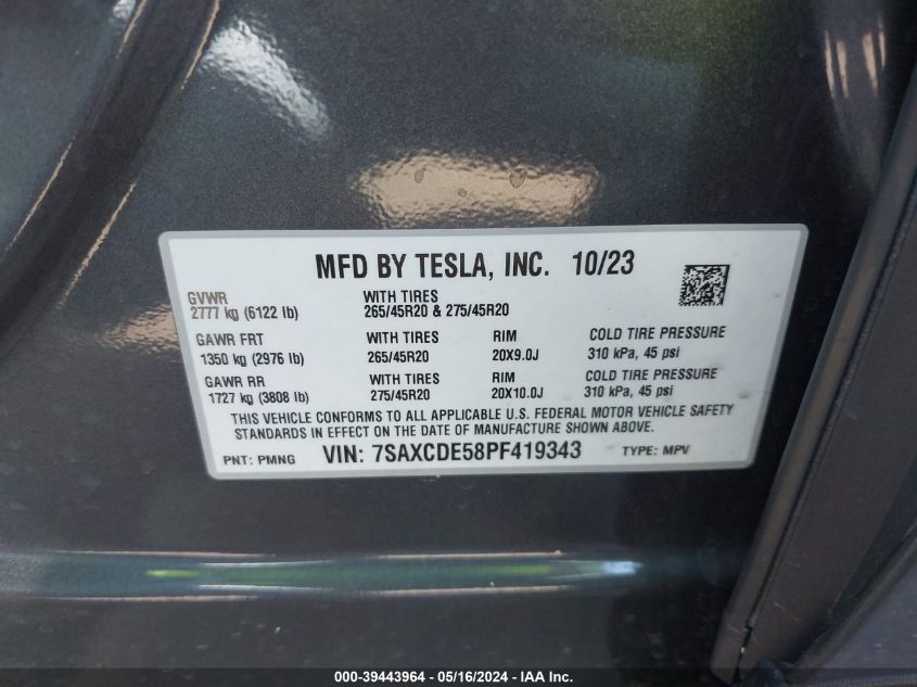 2023 Tesla Model X Dual Motor All-Wheel Drive/Standard Range VIN: 7SAXCDE58PF419343 Lot: 39443964