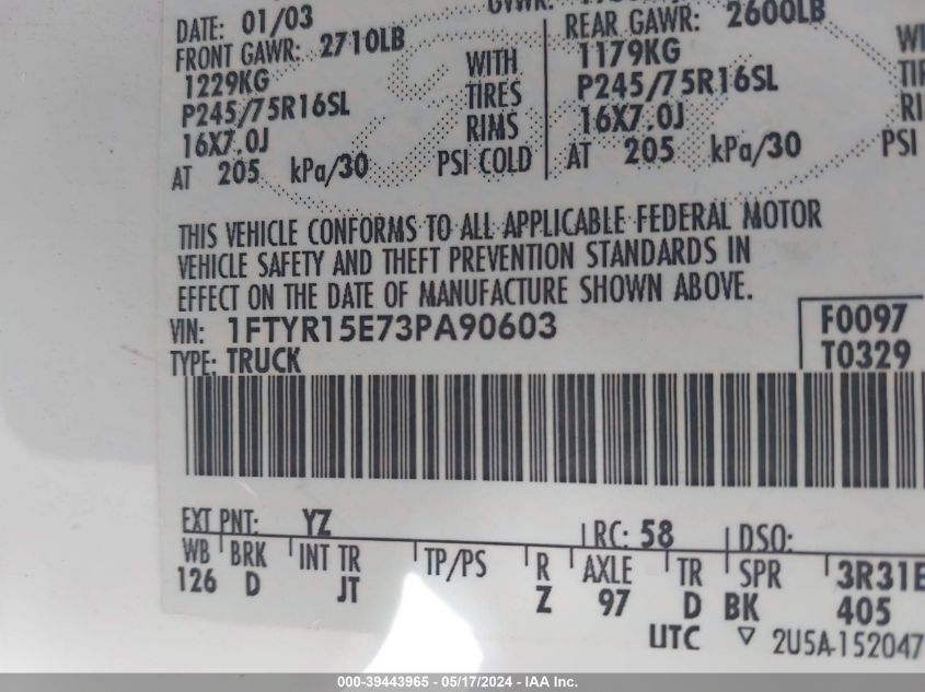 2003 Ford Ranger Xlt VIN: 1FTYR15E73PA90603 Lot: 39443965
