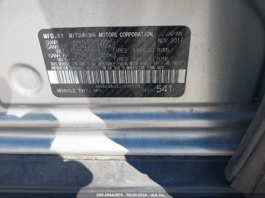 2018 Mitsubishi Outlander Se VIN: JA4AZ3A33JJ000729 Lot: 39443970