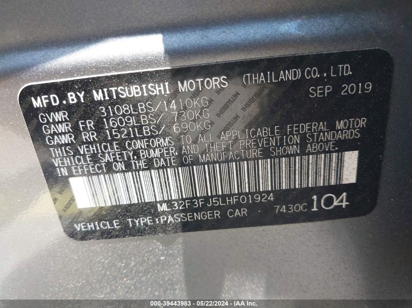 2020 Mitsubishi Mirage G4 Es VIN: ML32F3FJ5LHF01924 Lot: 39443983