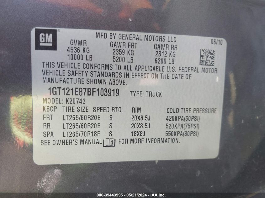 2011 GMC Sierra 2500Hd Slt VIN: 1GT121E87BF103919 Lot: 39443995