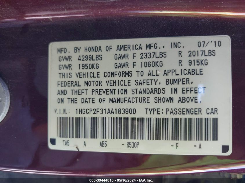 2010 Honda Accord 2.4 Lx VIN: 1HGCP2F31AA183900 Lot: 39444010