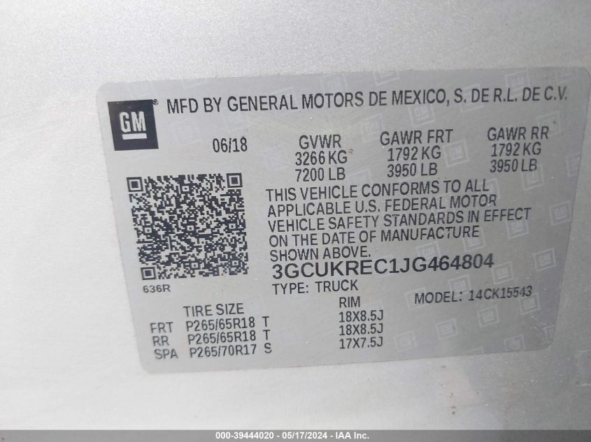2018 Chevrolet Silverado 1500 2Lt VIN: 3GCUKREC1JG464804 Lot: 39444020