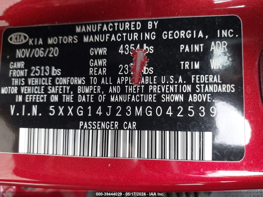 2021 Kia K5 Lxs VIN: 5XXG14J23MG042539 Lot: 39444029