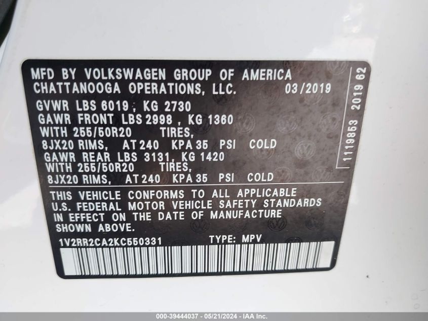 1V2RR2CA2KC550331 2019 Volkswagen Atlas 3.6L V6 Sel R-Line