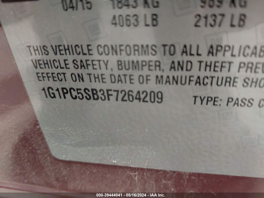 2015 Chevrolet Cruze 1Lt Auto VIN: 1G1PC5SB3F7264209 Lot: 39444041