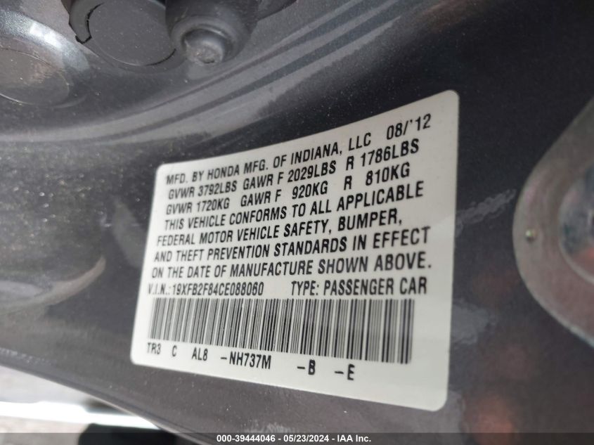 2012 Honda Civic Ex VIN: 19XFB2F84CE088060 Lot: 39444046