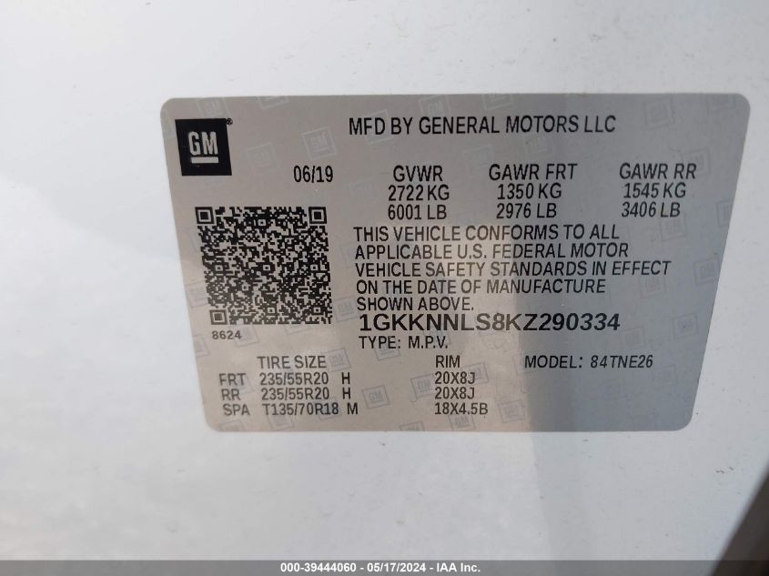 2019 GMC Acadia Slt-2 VIN: 1GKKNNLS8KZ290334 Lot: 39444060