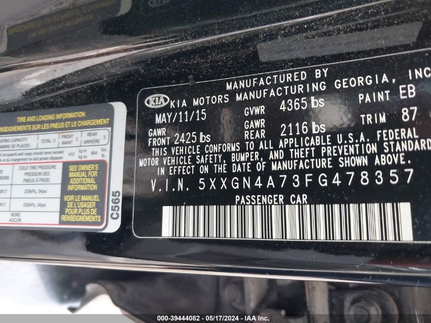 2015 Kia Optima Ex VIN: 5XXGN4A73FG478357 Lot: 39444082