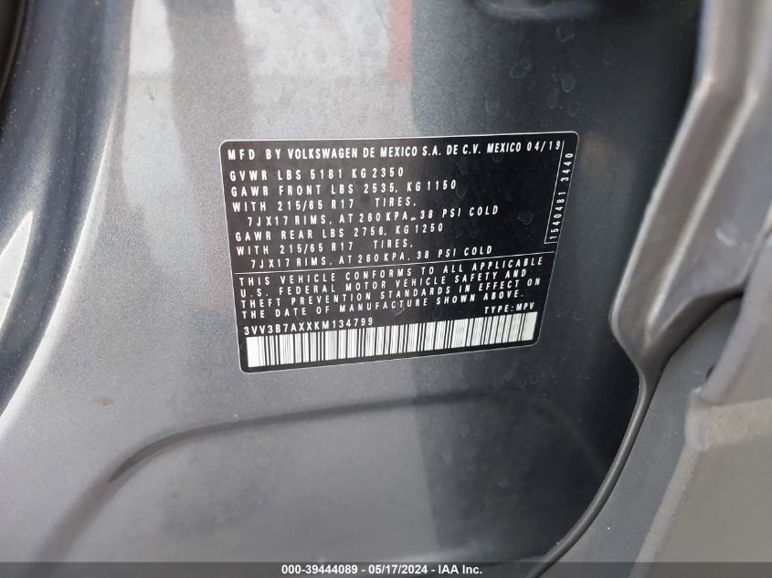 2019 Volkswagen Tiguan 2.0T Se/2.0T Sel/2.0T Sel R-Line/2.0T Sel R-Line Black VIN: 3VV3B7AXXKM134799 Lot: 39444089