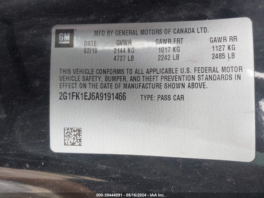 2010 Chevrolet Camaro 2Ss VIN: 2G1FK1EJ6A9191466 Lot: 39444091