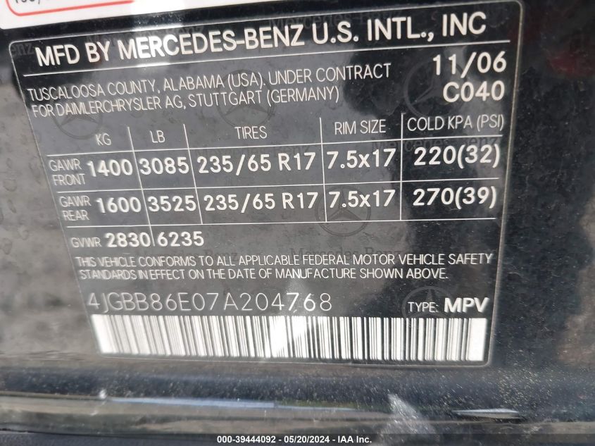 4JGBB86E07A204768 2007 Mercedes-Benz Ml 350 4Matic