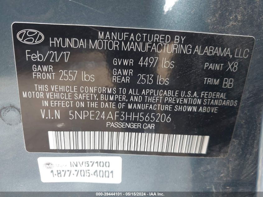 2017 Hyundai Sonata Se VIN: 5NPE24AF3HH565206 Lot: 39444101