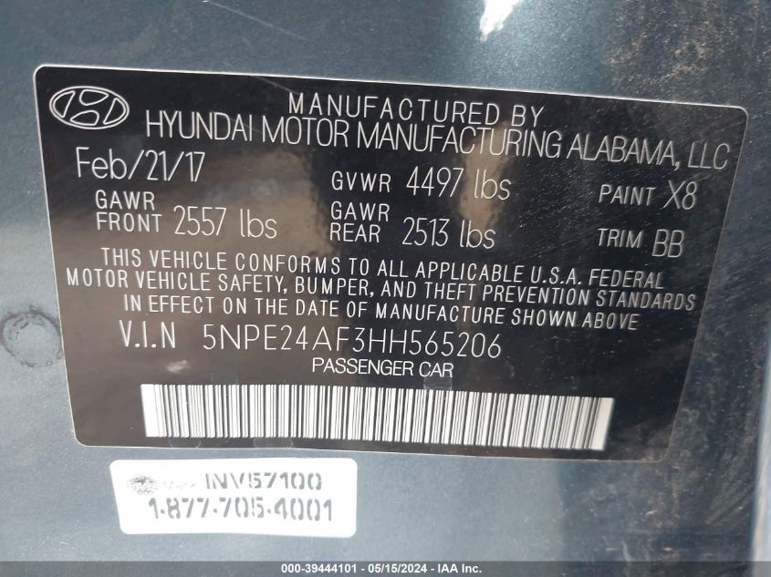 2017 Hyundai Sonata Se VIN: 5NPE24AF3HH565206 Lot: 39444101
