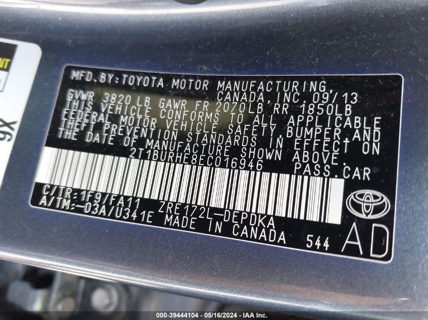 2014 Toyota Corolla L VIN: 2T1BURHE8EC016946 Lot: 39444104