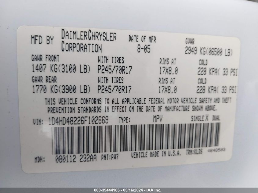 2006 Dodge Durango Slt VIN: 1D4HD48226F102669 Lot: 39444105