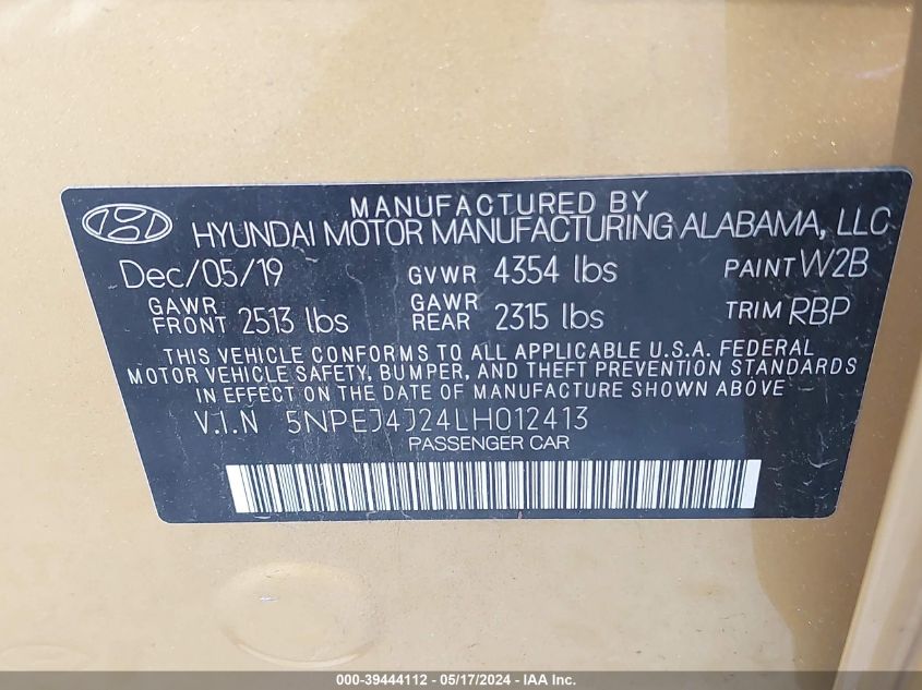 2020 Hyundai Sonata Sel Plus VIN: 5NPEJ4J24LH012413 Lot: 39444112