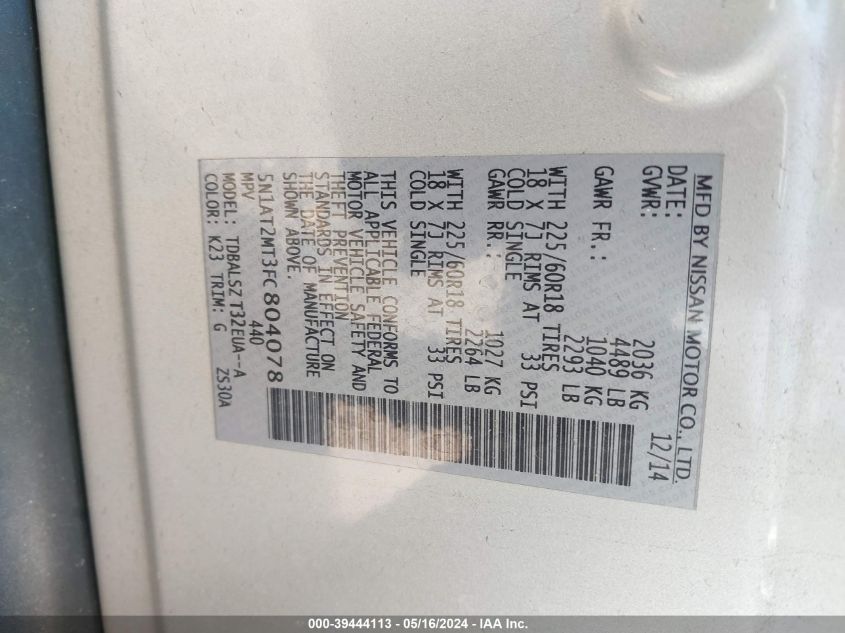 2015 Nissan Rogue S/Sl/Sv VIN: 5N1AT2MT3FC804078 Lot: 39444113