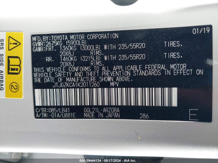 2019 Lexus Rx 350L Premium VIN: JTJGZKCA1K2011260 Lot: 39444124