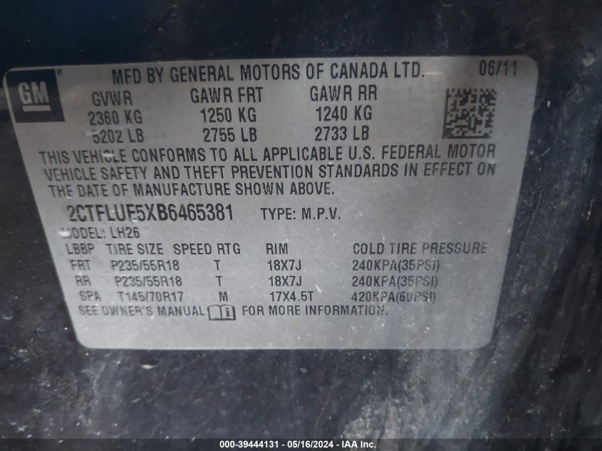 2011 GMC Terrain Slt VIN: 2CTFLUE5XB6465381 Lot: 39444131