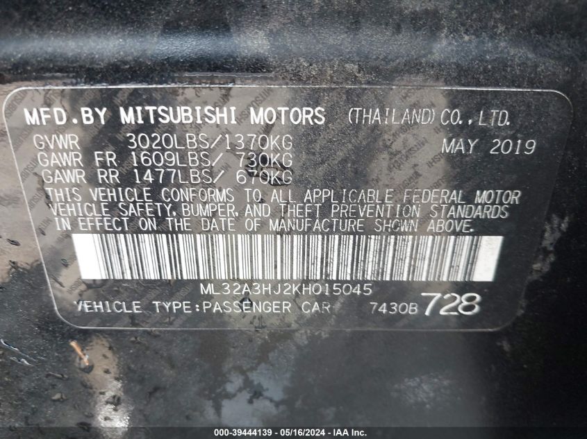 2019 Mitsubishi Mirage Rf VIN: ML32A3HJ2KH015045 Lot: 39444139