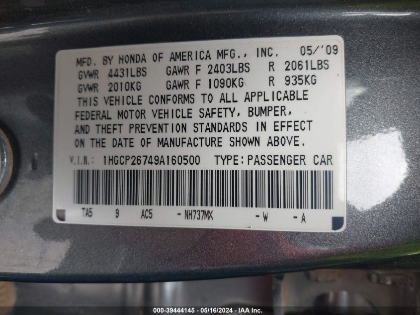 2009 Honda Accord 2.4 Ex VIN: 1HGCP26749A160500 Lot: 39444145
