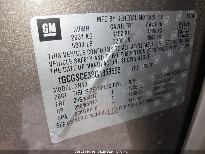 2016 Chevrolet Colorado Lt VIN: 1GCGSCE38G1353863 Lot: 39444146