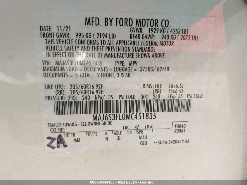 2021 Ford Ecosport S VIN: MAJ6S3FL0MC451835 Lot: 39444165