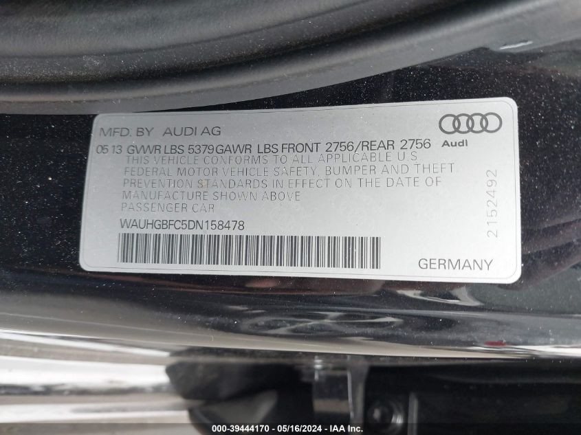 2013 Audi A6 3.0T Premium VIN: WAUHGBFC5DN158478 Lot: 39444170