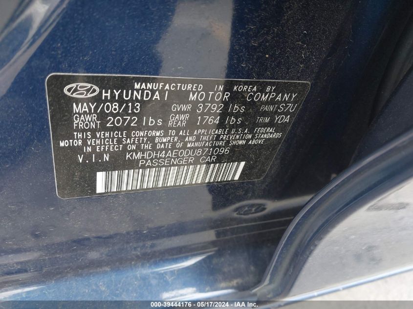 2013 Hyundai Elantra Gls VIN: KMHDH4AE0DU871096 Lot: 39444176