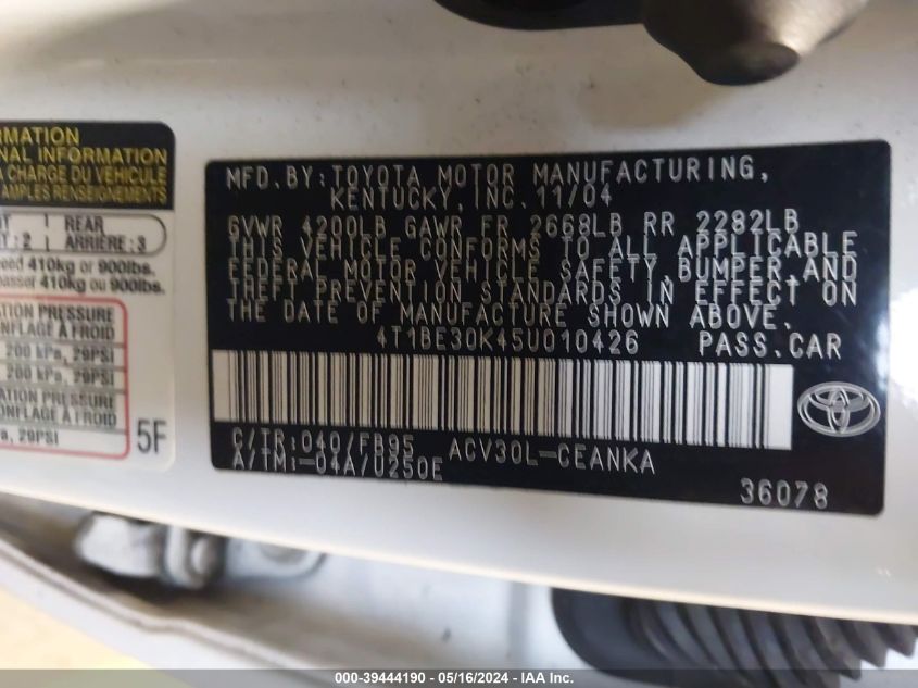 2005 Toyota Camry Le VIN: 4T1BE30K45U010426 Lot: 39444190