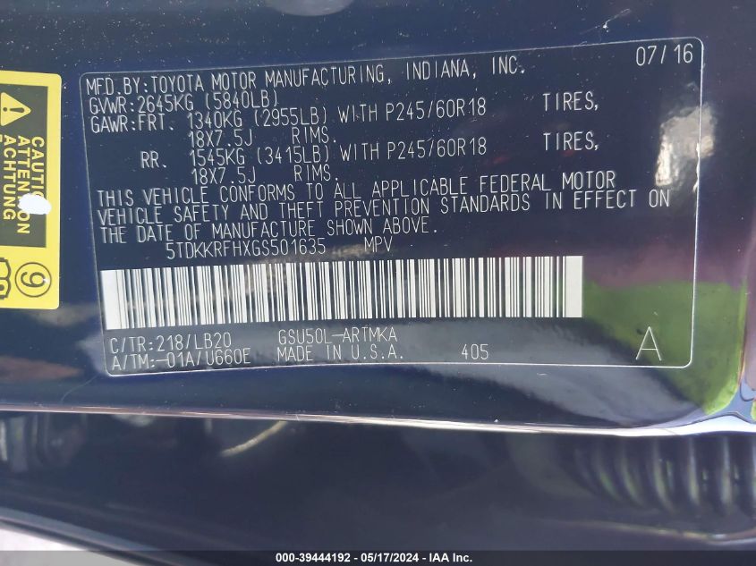 2016 Toyota Highlander Xle V6 VIN: 5TDKKRFHXGS501635 Lot: 39444192