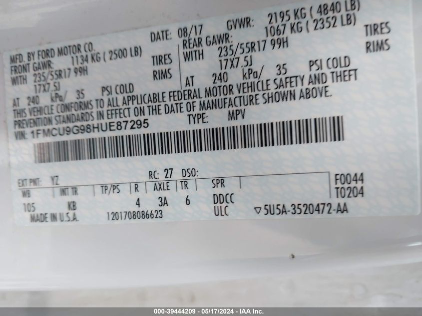 2017 Ford Escape Se VIN: 1FMCU9G98HUE87295 Lot: 39444209