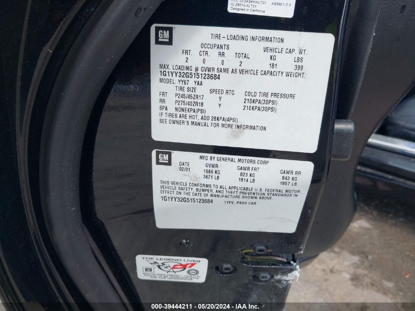 2001 Chevrolet Corvette VIN: 1G1YY32G515123684 Lot: 39444211