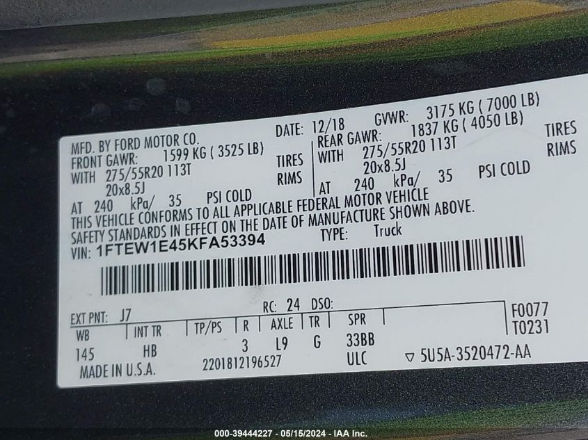 2019 Ford F-150 Lariat VIN: 1FTEW1E45KFA53394 Lot: 39444227