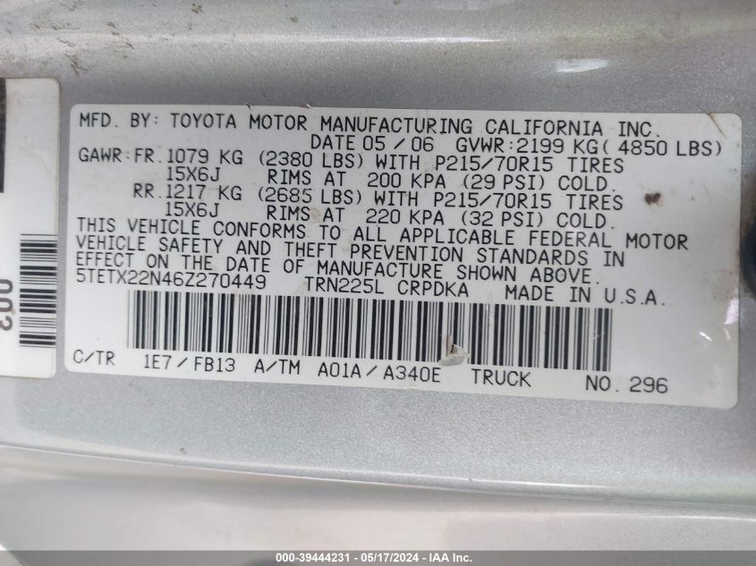 2006 Toyota Tacoma VIN: 5TETX22N46Z270449 Lot: 39444231