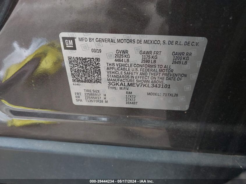 2019 GMC Terrain Sle VIN: 3GKALMEV7KL343101 Lot: 39444234
