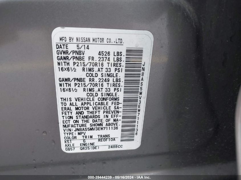 2014 Nissan Rogue Select S VIN: JN8AS5MV3EW711136 Lot: 39444239