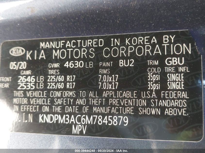 2021 Kia Sportage Lx VIN: KNDPM3AC6M7845879 Lot: 39444248