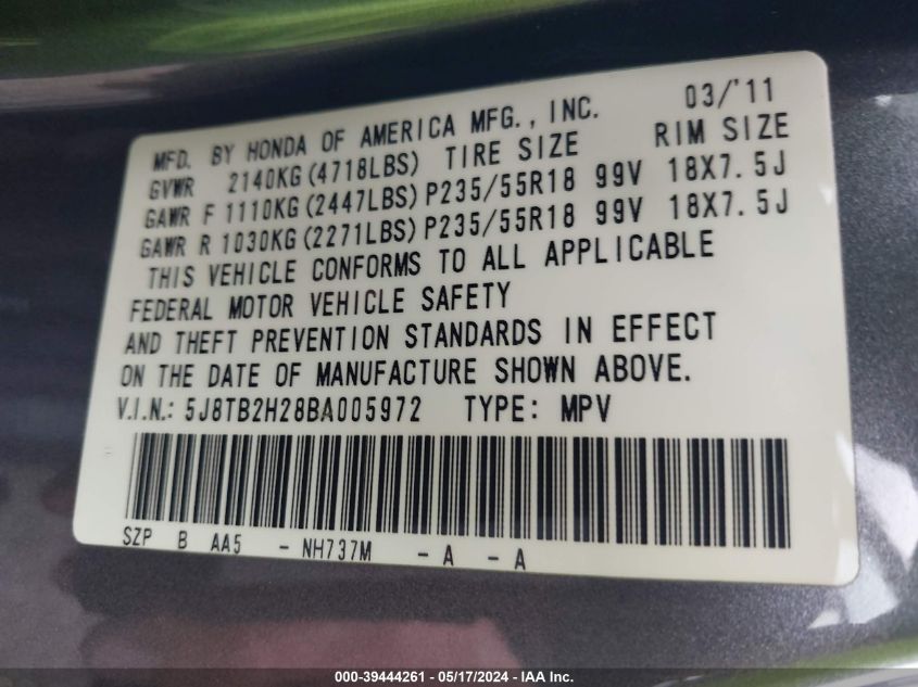 2011 Acura Rdx VIN: 5J8TB2H28BA005972 Lot: 39444261