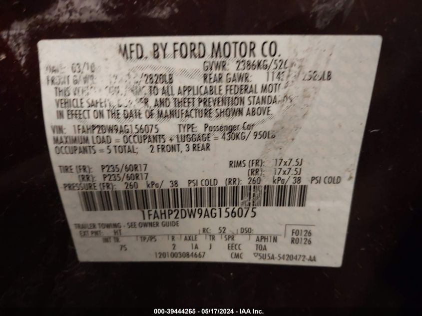 2010 Ford Taurus Se VIN: 1FAHP2DW9AG156075 Lot: 39444265