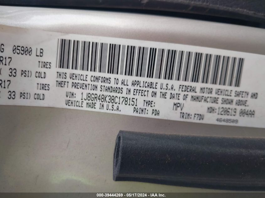 2008 Jeep Grand Cherokee Laredo VIN: 1J8GR48K38C178151 Lot: 39444269