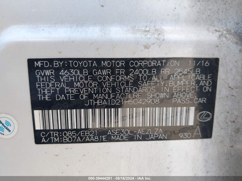 2017 Lexus Is 200T VIN: JTHBA1D21H5042908 Lot: 39444281