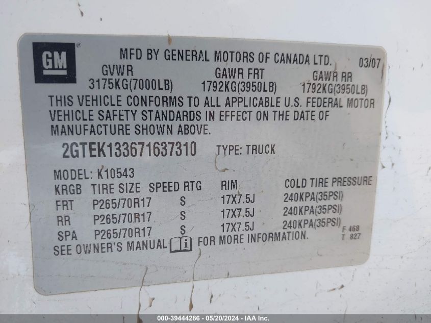 2007 GMC Sierra 1500 Slt VIN: 2GTEK133671637310 Lot: 39444286