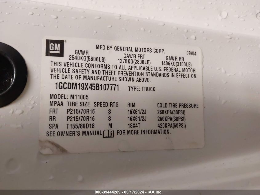 2005 Chevrolet Astro VIN: 1GCDM19X45B107771 Lot: 39444289