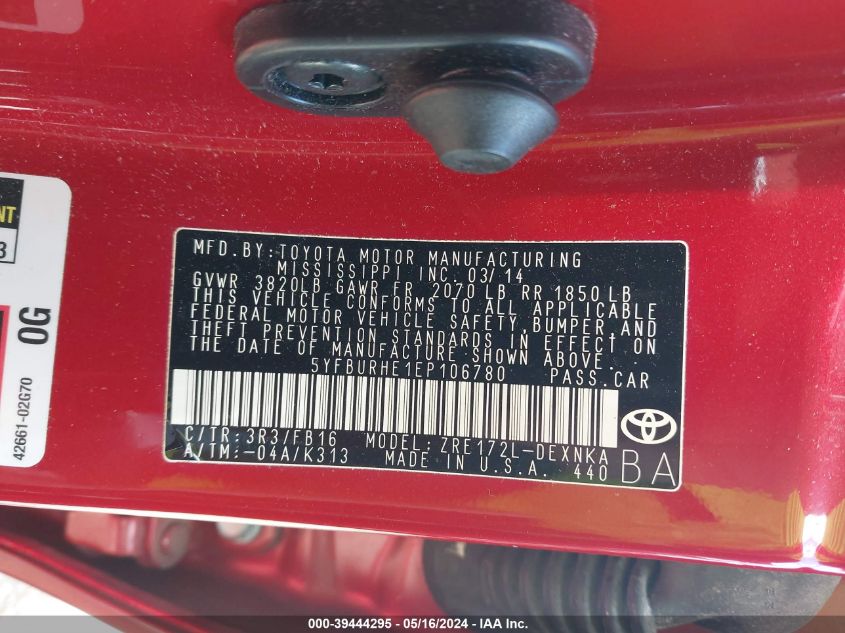 2014 Toyota Corolla Le VIN: 5YFBURHE1EP106780 Lot: 39444295